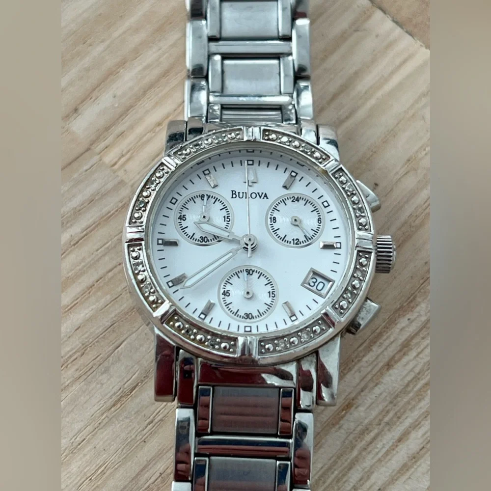 Bulova Diamond Chronograph Ladies Watch Mother of Pearl Dial Stainless Bracelet